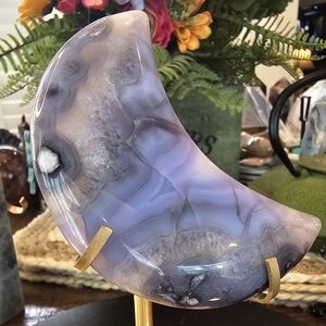 Blue Flower Agate Moon With Custom Stand